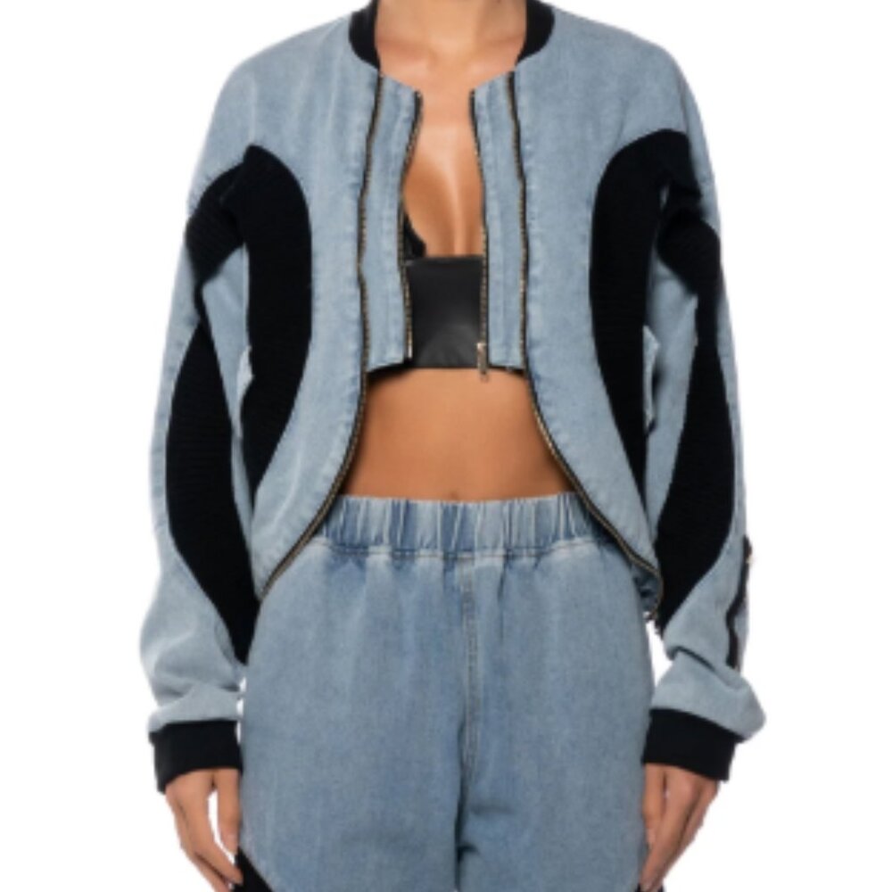 AKIRA CURVE EFFECT RIBBED TRIM DENIM BOMBER - XL